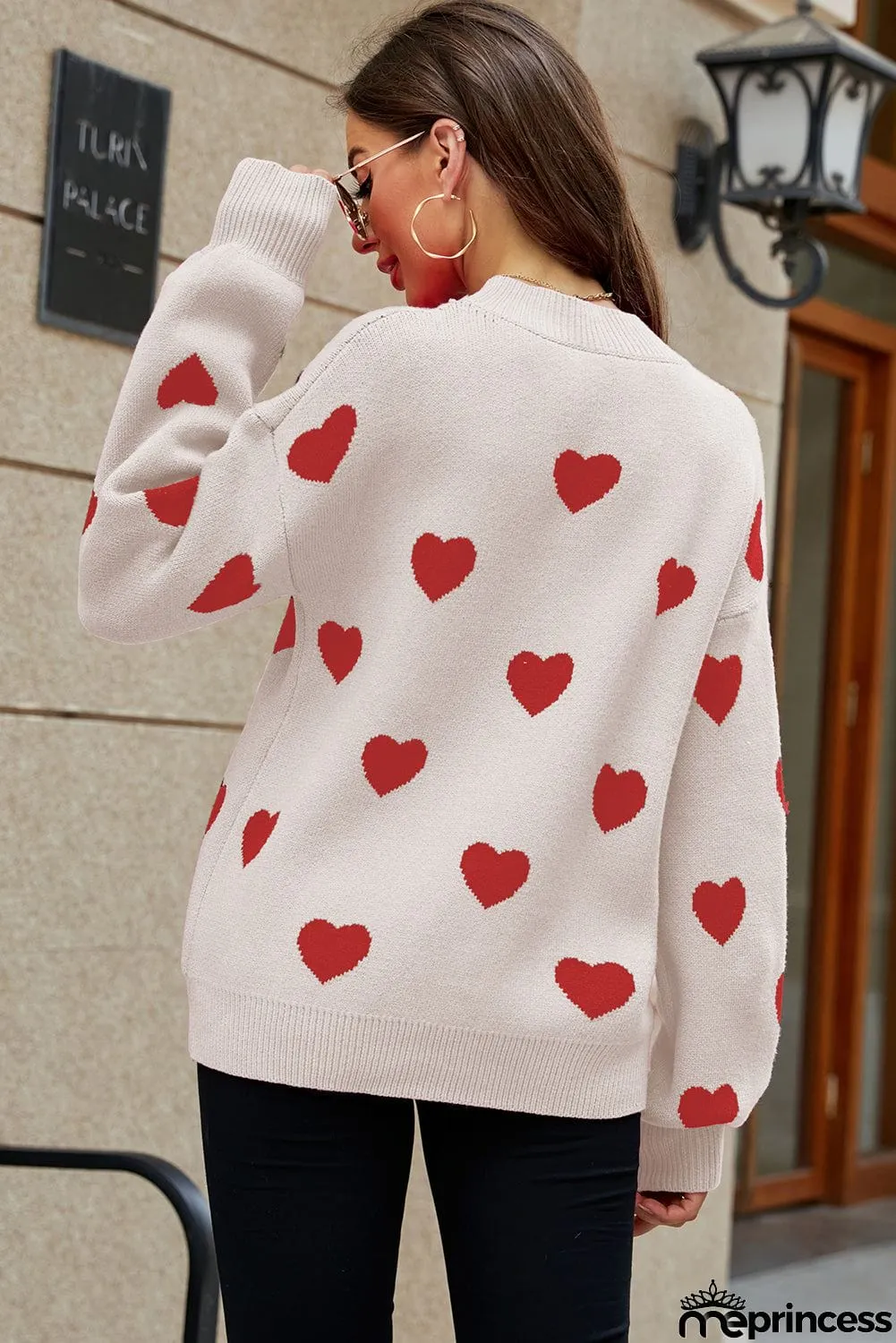 Heart Pattern Ribbed Trim Knit Sweater