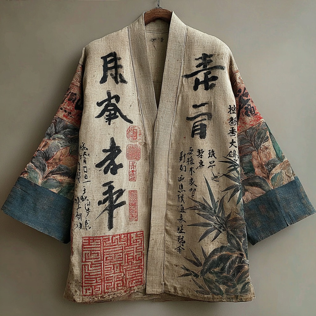 Japanese Calligraphy Art Contrast Color Linen Long-sleeved Kimono Cardigan
