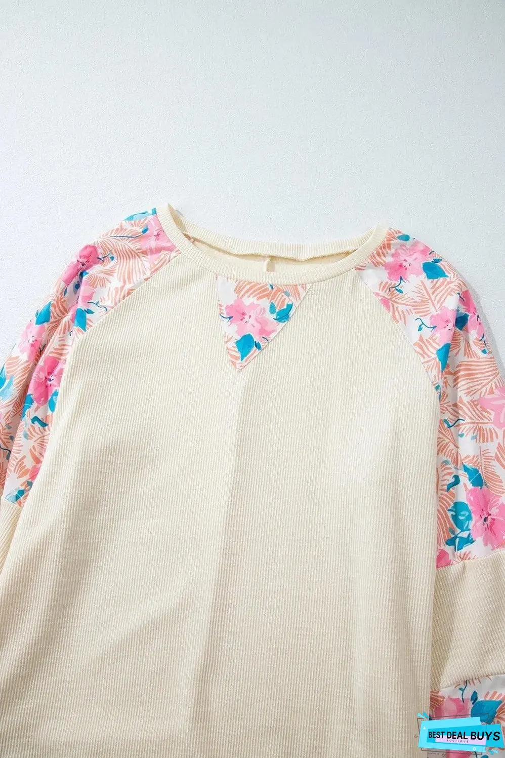 Apricot Plus Size Floral Patchwork Ribbed Puff Sleeve Top