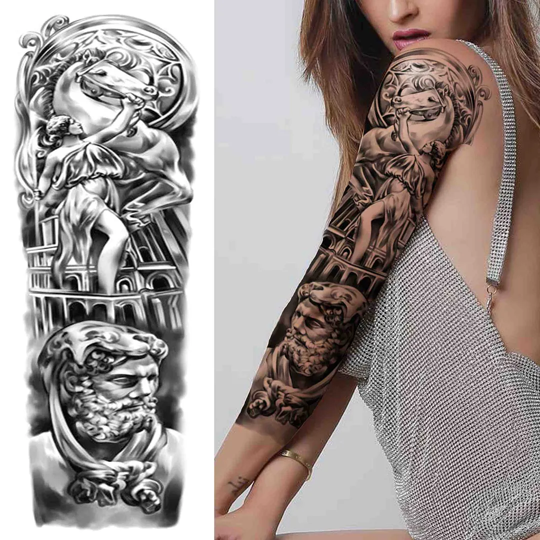 Sexy Girl Flower Temporary Tattoos For Women Men Black Lion Triangle Tattoo Sticker Fake Tribal Full Arm Sleeve Tatoos Paste 1108-1