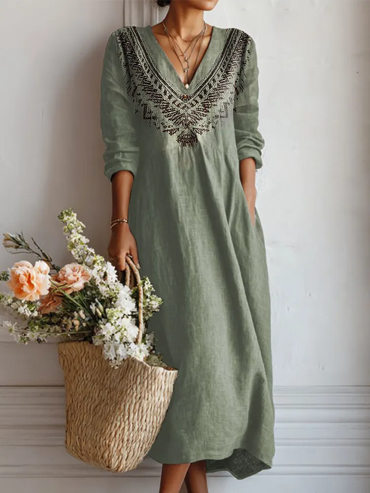 Women's Vintage Flower Art Print Linen Pocket Dress