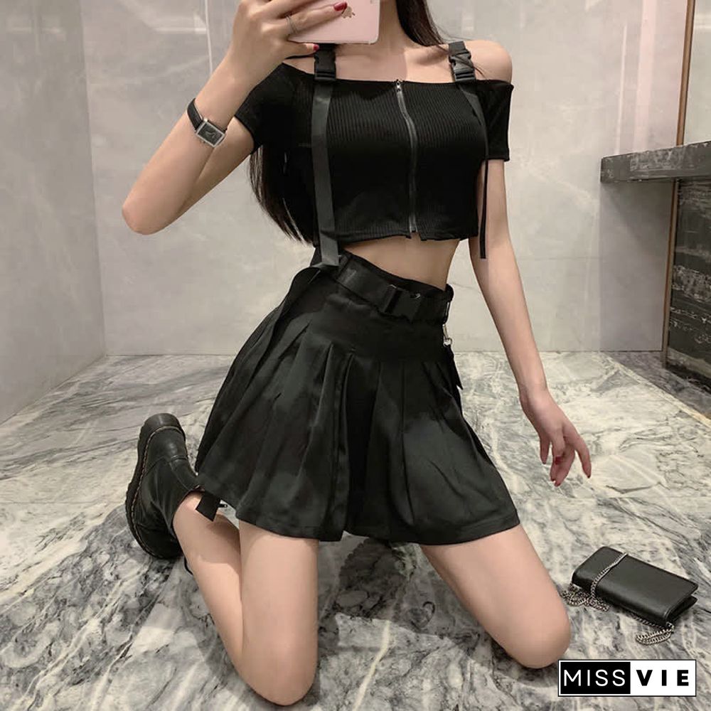 Gothic Off The Shoulder Buckle Strap Zipper Crop Top Belted Pleated Skirt