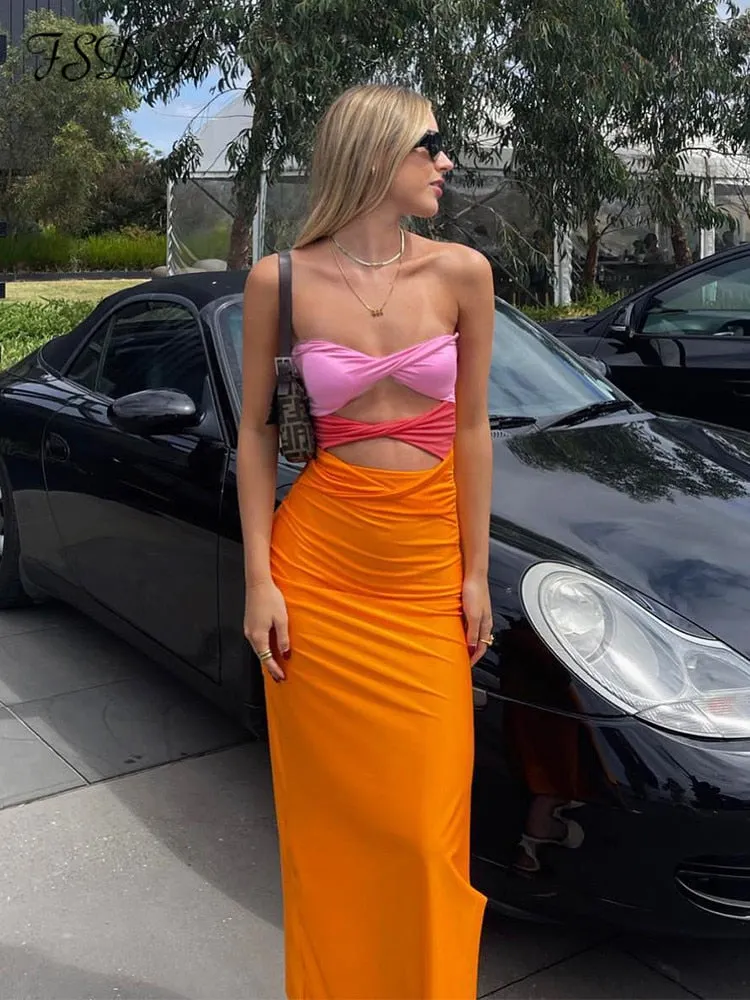 Patchwork Y2K Strapless Bodycon Dress Sexy Women Hollow Out Sleeveless Backless Summer Beach Dresses Party Club Midi 2022