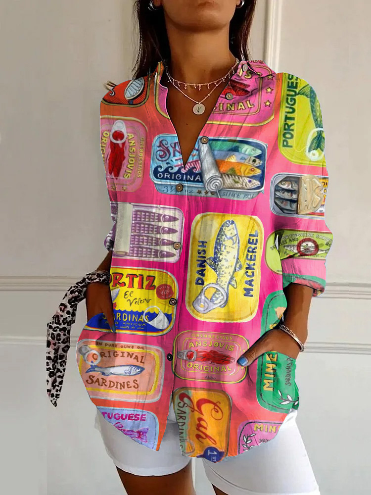 Retro Canned Fish Art Print Long Sleeve Shirt