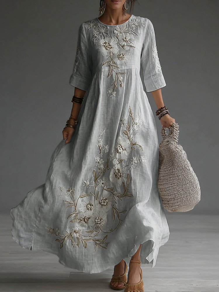 Japanese Floral Art Embroidered Casual Linen Maxi Dress elevenforest