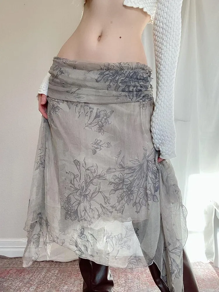 Brownm Grunge Fairycore Low Waist Midi Skirts Vintage Floral Print Skirt Cyber Y2K Aesthetic Clothes Long Skirt Women Summer