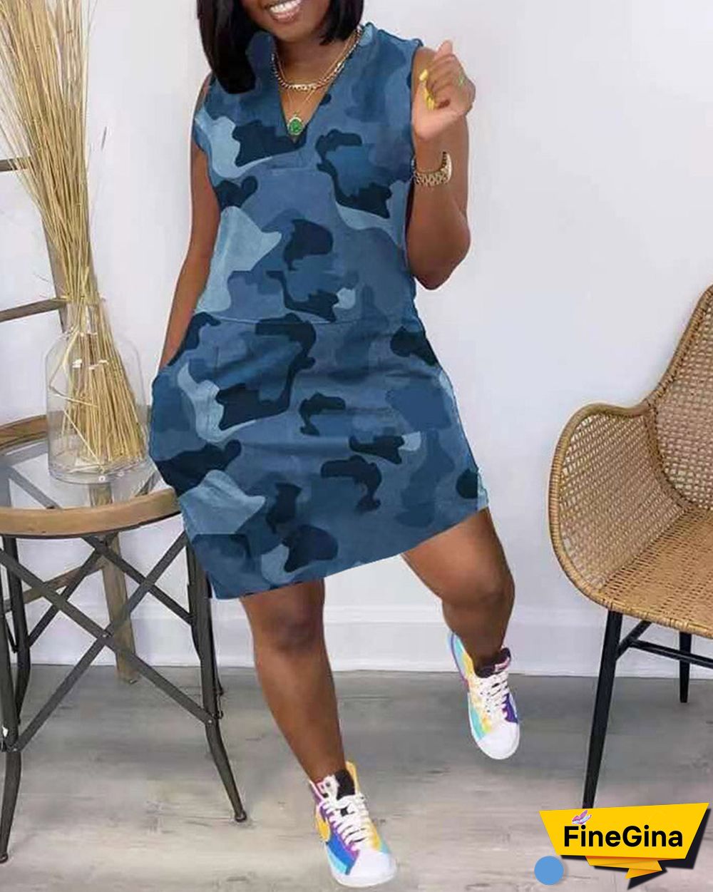 Sleeveless Camouflage Print Pocket Design Dress