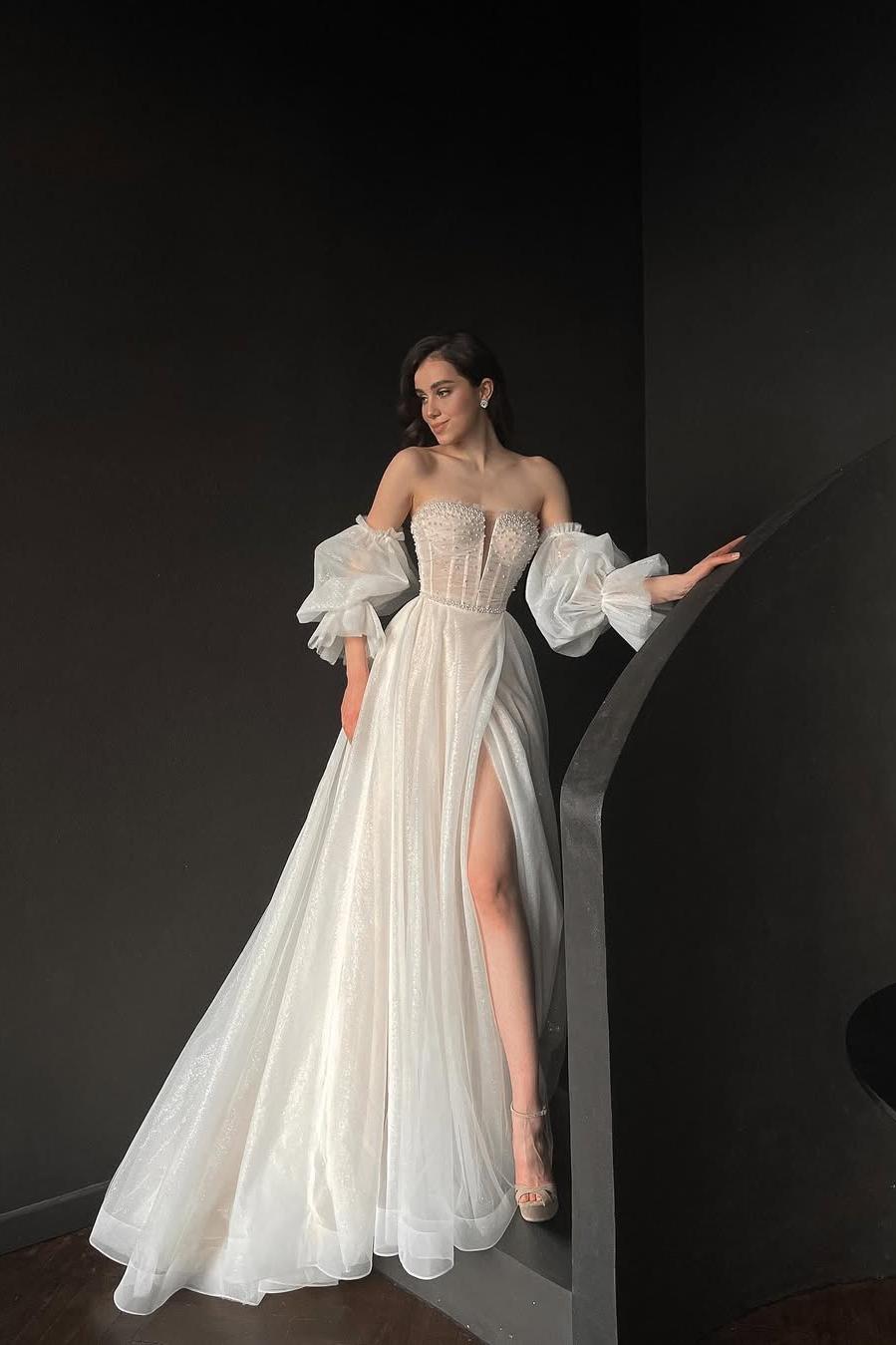 Lussooy Stunning White Tulle Puff Sleeves Long Split Wedding Dress with Beadings  
