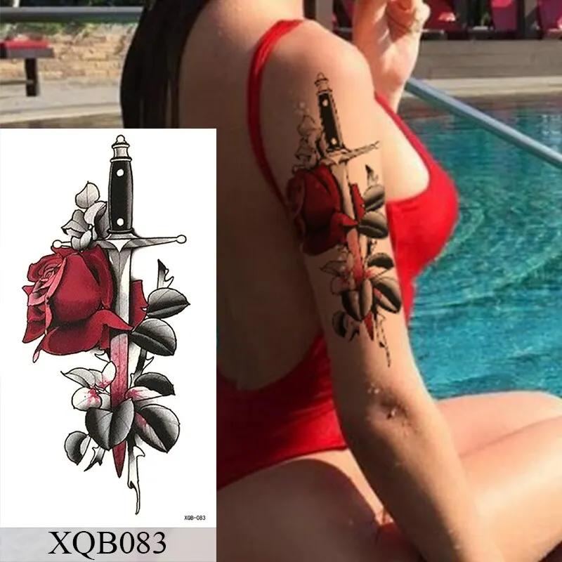 Waterproof Temporary Tattoo Sticker Old School Rose Lotus Flash Tattoos Flower Lace Body Art Arm Fake Tatoo Women Men
