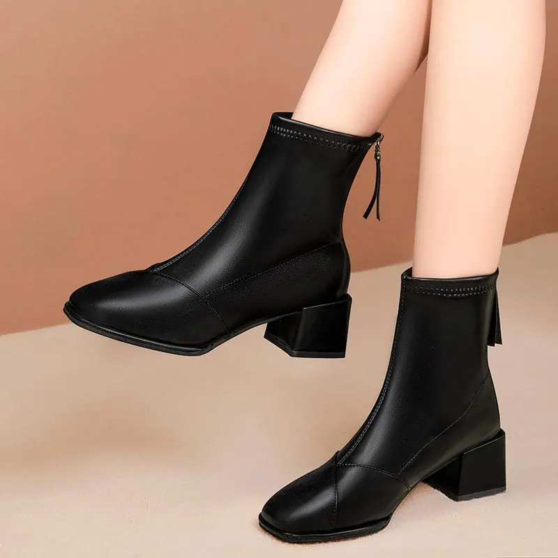 Churchf Autumn And Winter New Korean Fashion Short Boots Women's Thick Head With High Heel Zipper Martin Boots Women