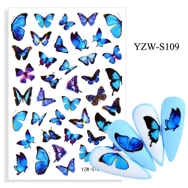 1pc Holographic Blue Nail Stickers Pink Colorful Butterfly Art Sticker With Adhesive DIY Extension Flowers Rose Nail Decoration-Nail Inspo