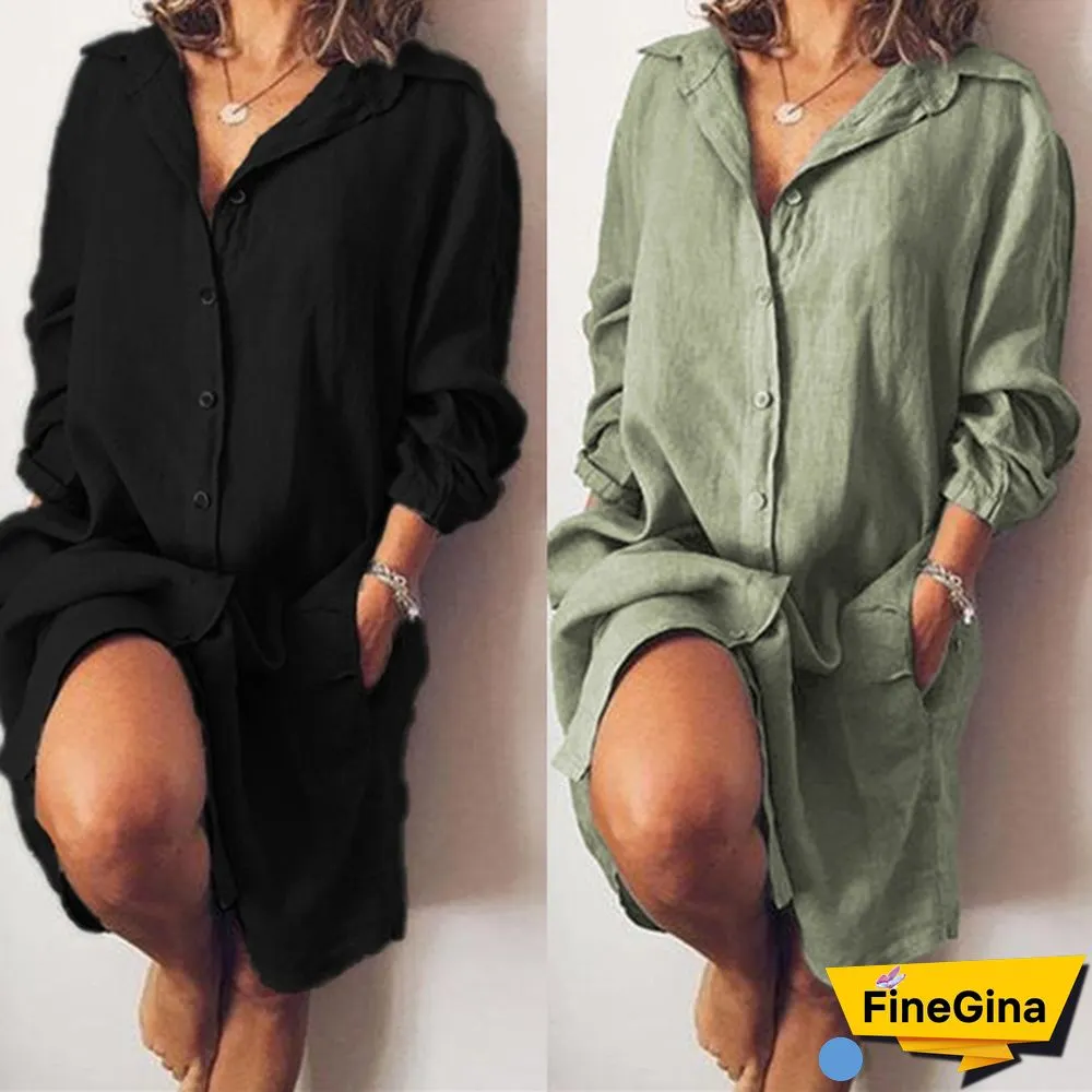 ZANZEA Women Spring Casual Baggy Linen Cotton V Neck Buttons Down Lapel Solid Mini Shirt Dress