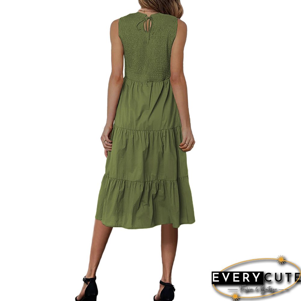 Green Sleeveless Pleated Back Lace-up Pocket Midi Dress