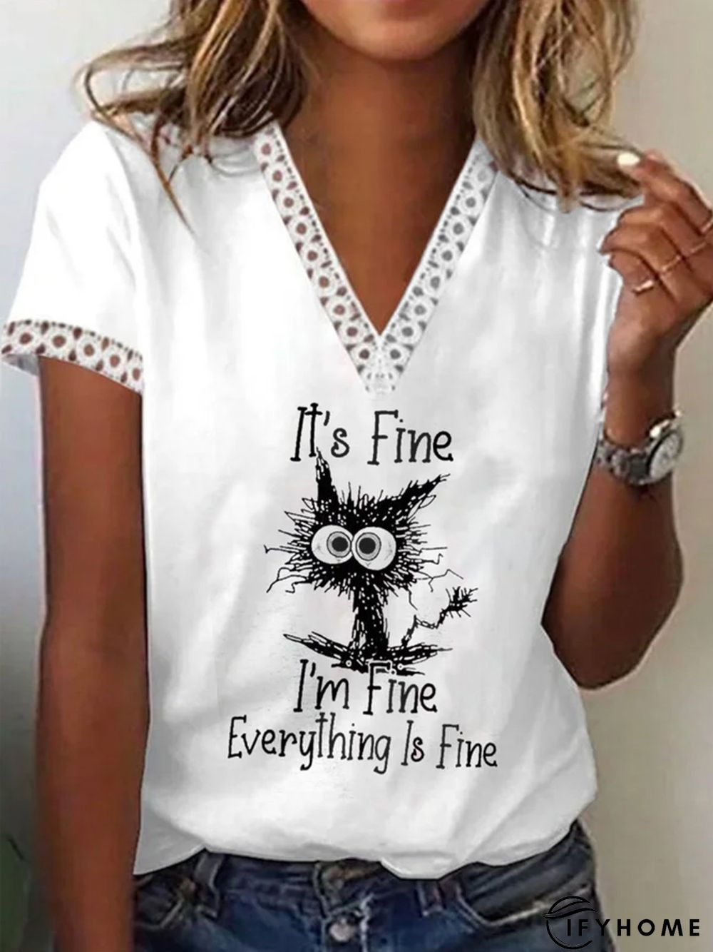 Casual Loosen Printed V Neck Short Sleeve T-Shirt | IFYHOME