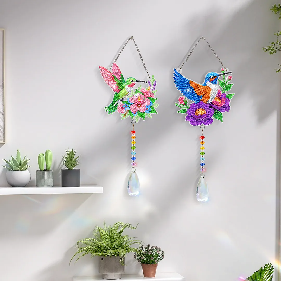 2Pcs Hummingbird Carrying Flowers DIY Double-Sided Diamond Painting Hanging Kits Diamond Painting Suncatcher Craft Kit for Home Garden Wall Decor Gift