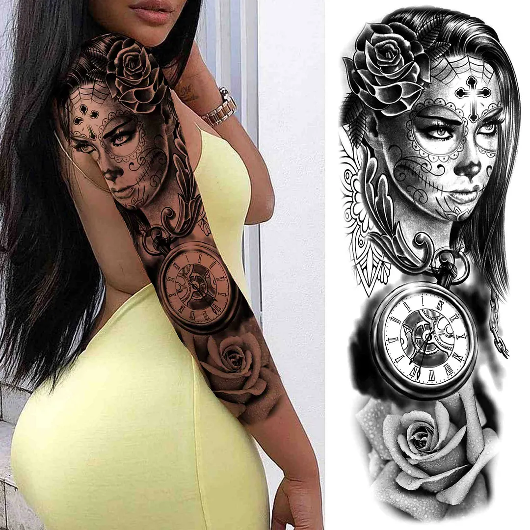 Sexy Girl Flower Temporary Tattoos For Women Men Black Lion Triangle Tattoo Sticker Fake Tribal Full Arm Sleeve Tatoos Paste 1108-1