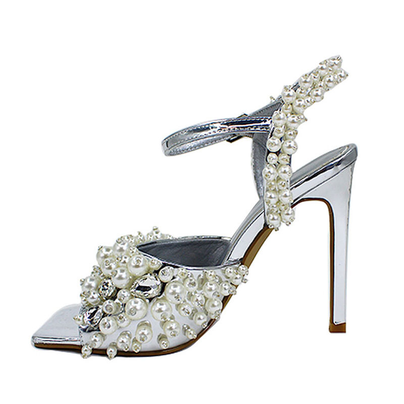 GOOSHOE Big Size 46 Pearls Women Dress High Thin Heels Ankle Buckles Stiletto Shoes Lady Open Toe Sandals