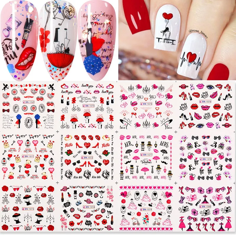 12Pcs Flower Leaf Geometric Lines Water Decals Spring Floral Butterfly Transfer Sliders Paper For Nails Decoration Manicures