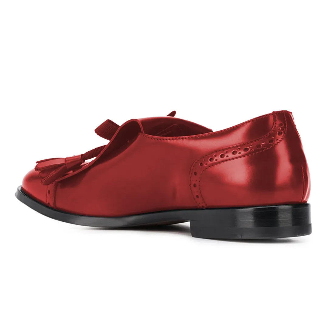 Women's Metallic Finish Round Toe Fringe Decor Loafer Shoes in Red