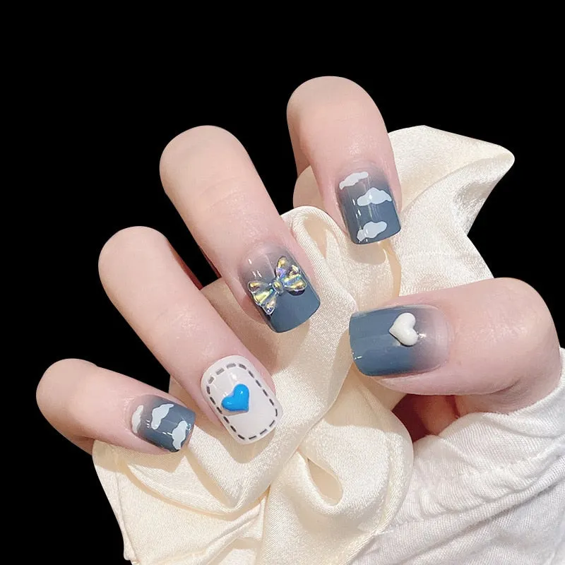 24Pcs false nails with designs cow and Blue Color cut design Fake Nail Shiny Gold Foil  artificial nails with glue for girls-Nail Inspo