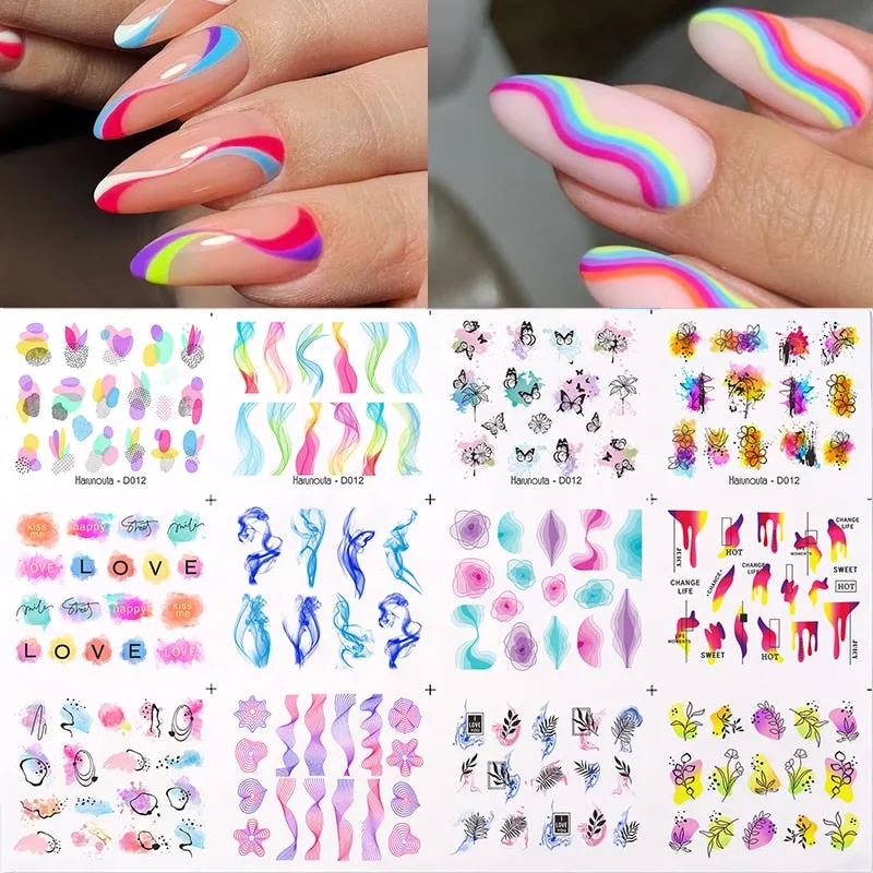 12pcs Geometric Lines Nail Sliders Water Sticker Set Flowers Leaves Design Watercolor Ink DIY Manicures Nail Art Decals Foil