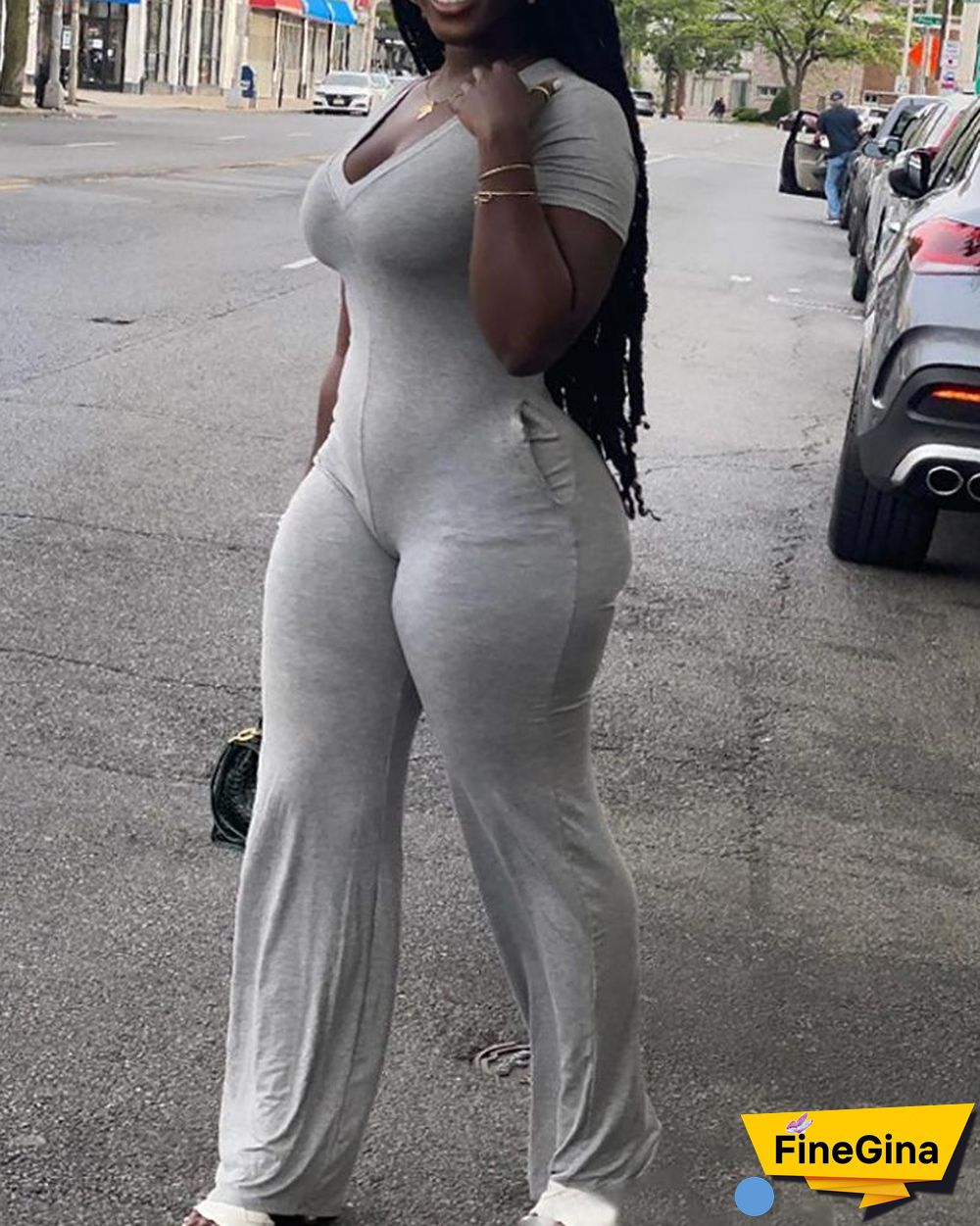 Plus Size Pocket Design Short Sleeve Jumpsuit
