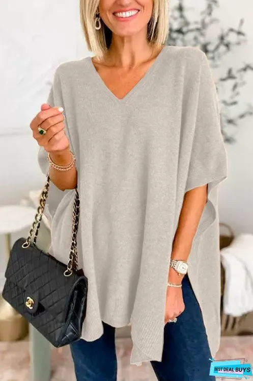 Chicest V Neck Loose Fit Solid Poncho Sweater