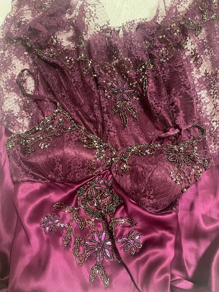Burgundy Satin Lace Paneled Spaetti Straps Hi-Low Midi Dress with Beading and Sequins