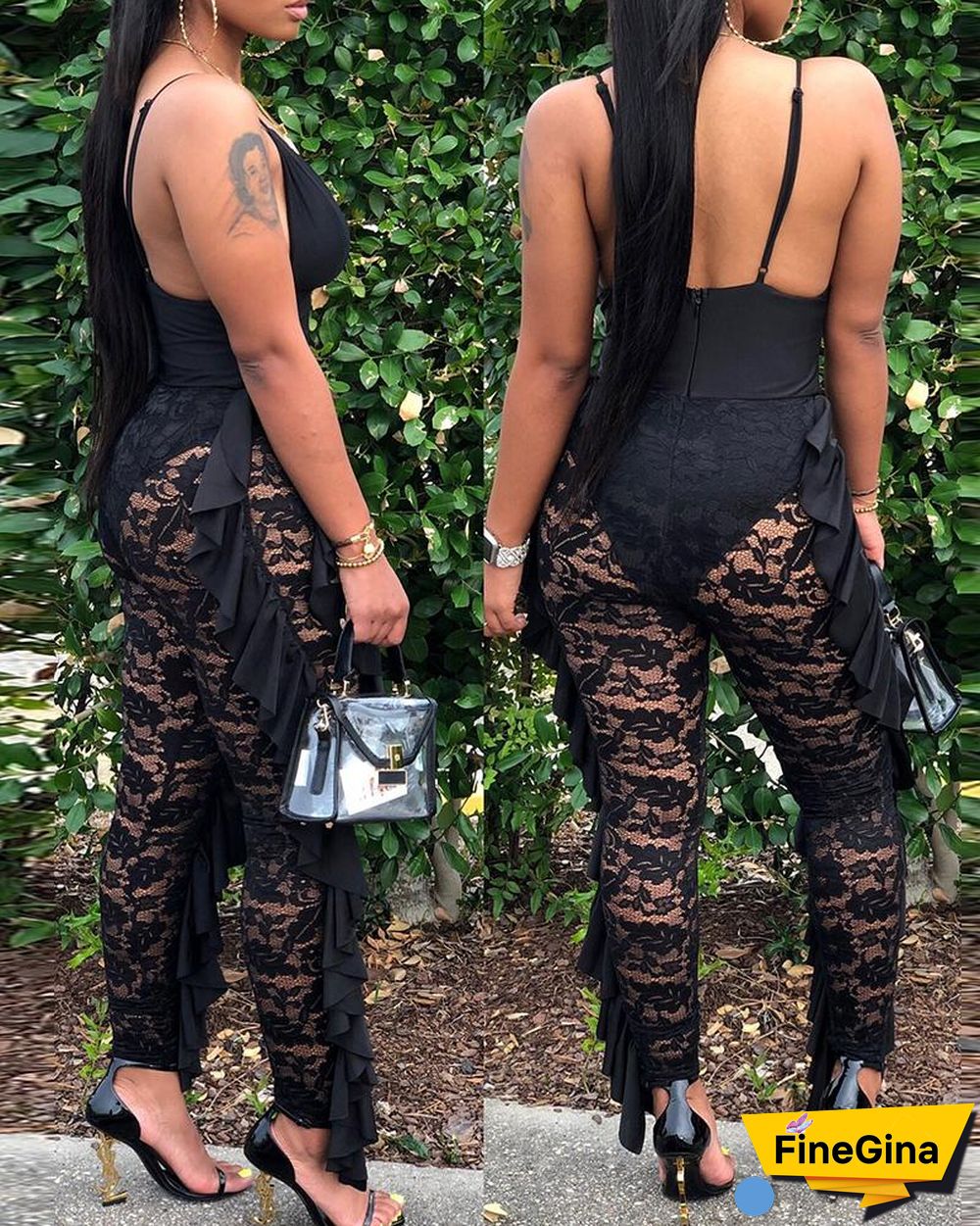 Plunge Ruffle Hem Crochet Lace Patch Jumpsuit