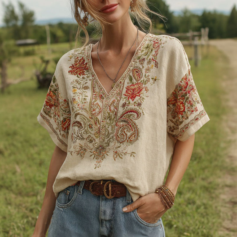Women's Floral Paisley Print V-neck T-shirt elevenforest