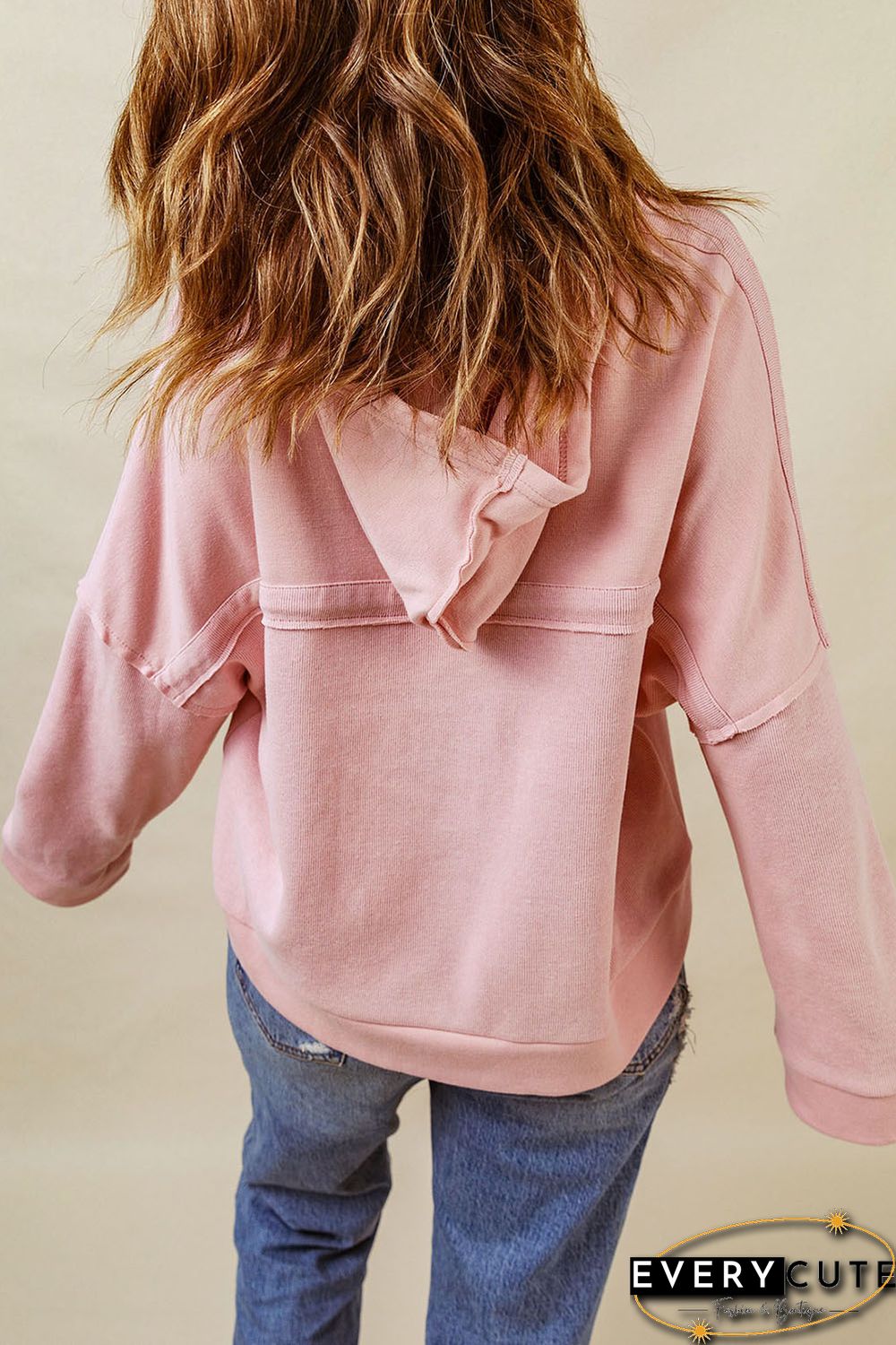 Pink Casual Button Solid Patchwork Trim Hoodie