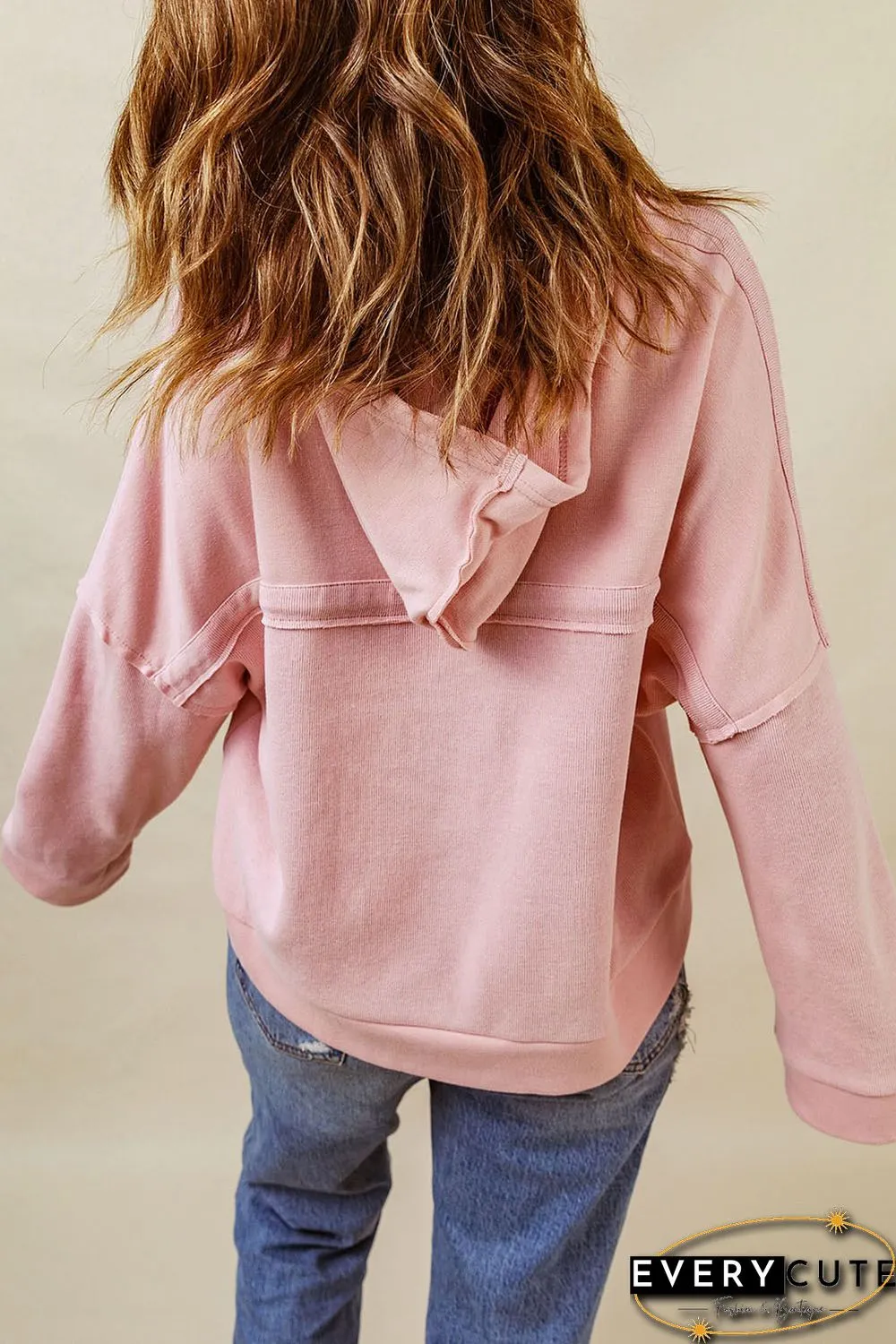 Pink Casual Button Solid Patchwork Trim Hoodie