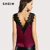 SHEIN Lace Trim Double V Neck Satin Silk Top Sexy Tops for Women Fitness Tank Top Green Elegant Workwear Women's Sleeveless Tops