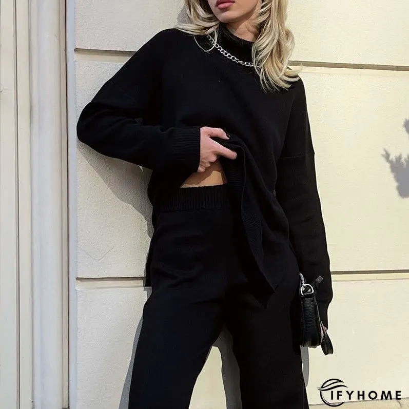 Versatile High Neck Loose Pullover Sweater with Split Detail for Women | IFYHOME