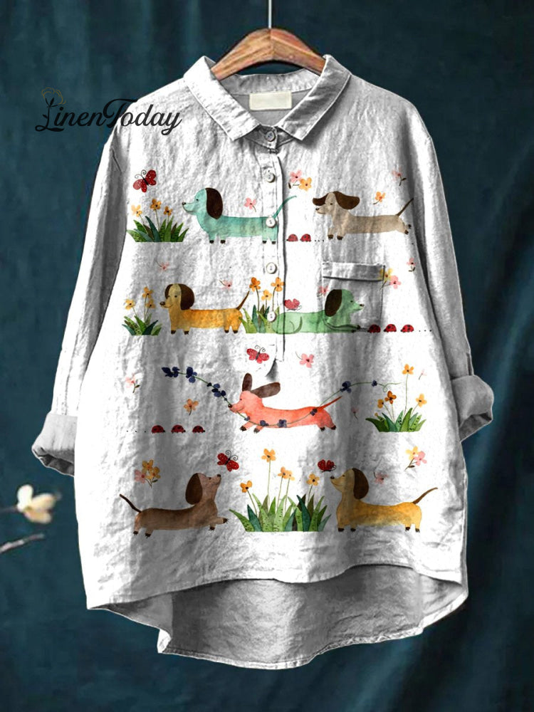 Watercolor Dachshund Dogs Art Printed Women&rsquo;s Casual Cotton And Linen Shirt Multicolor / S