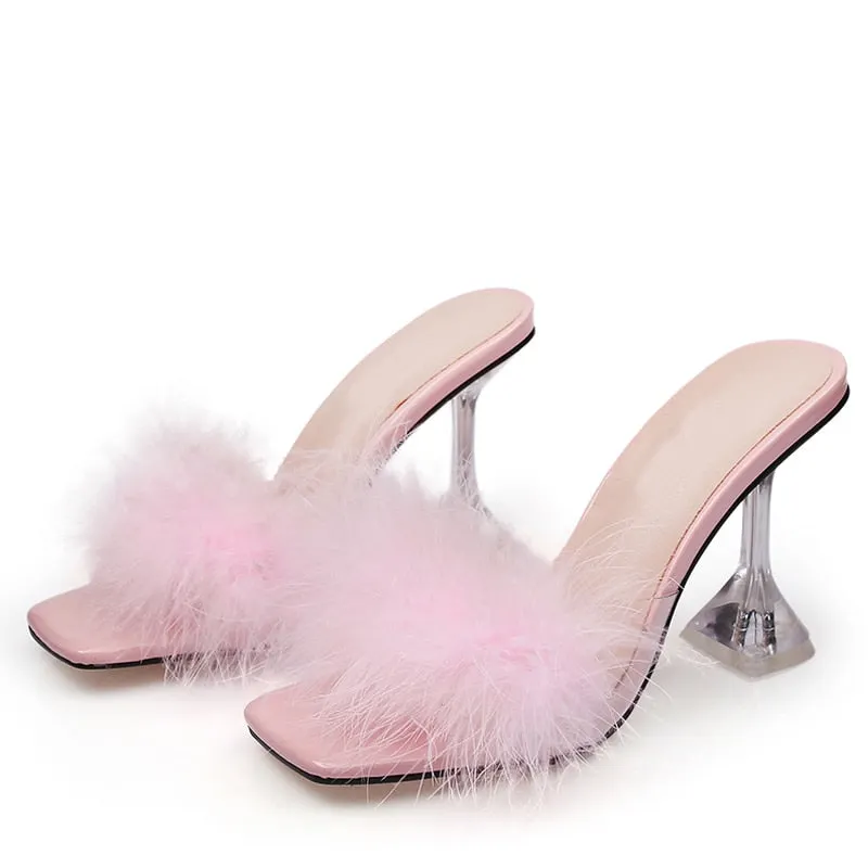 Summer Woman Pumps Transparent Perspex High Heels Fashion Color Feather Fur Peep Toe Mules Slippers Ladies Slides Shoes Sandals