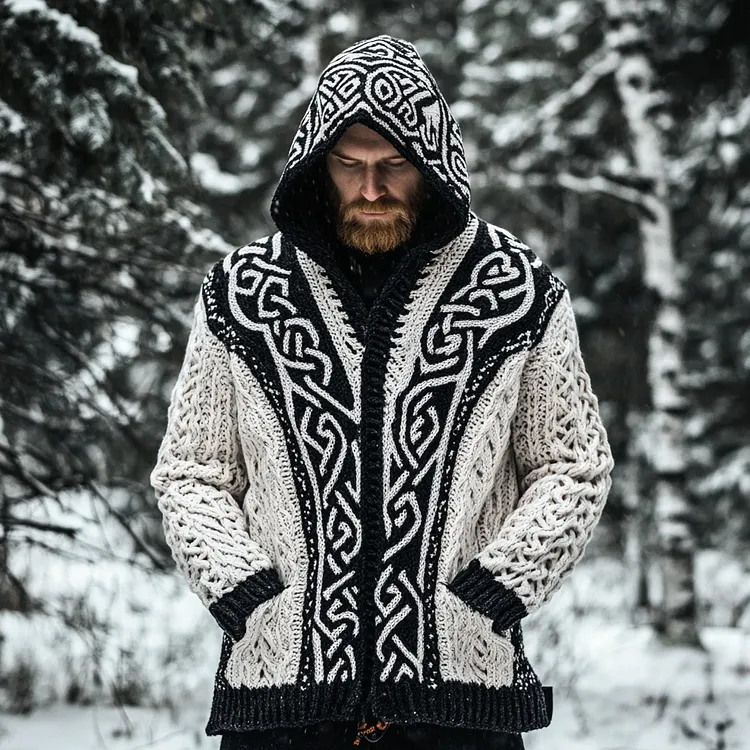 Men's Viking Celtic Knotted Jacquard Pocket Hooded Cardigan Sweater