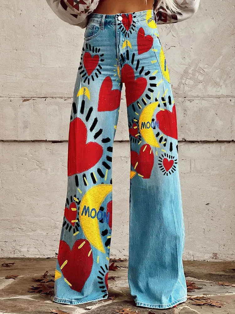 Women's Vintage Print Casual Wide Leg Pants