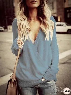 Deep V-Neck Long Sleeve Knitted Sweater