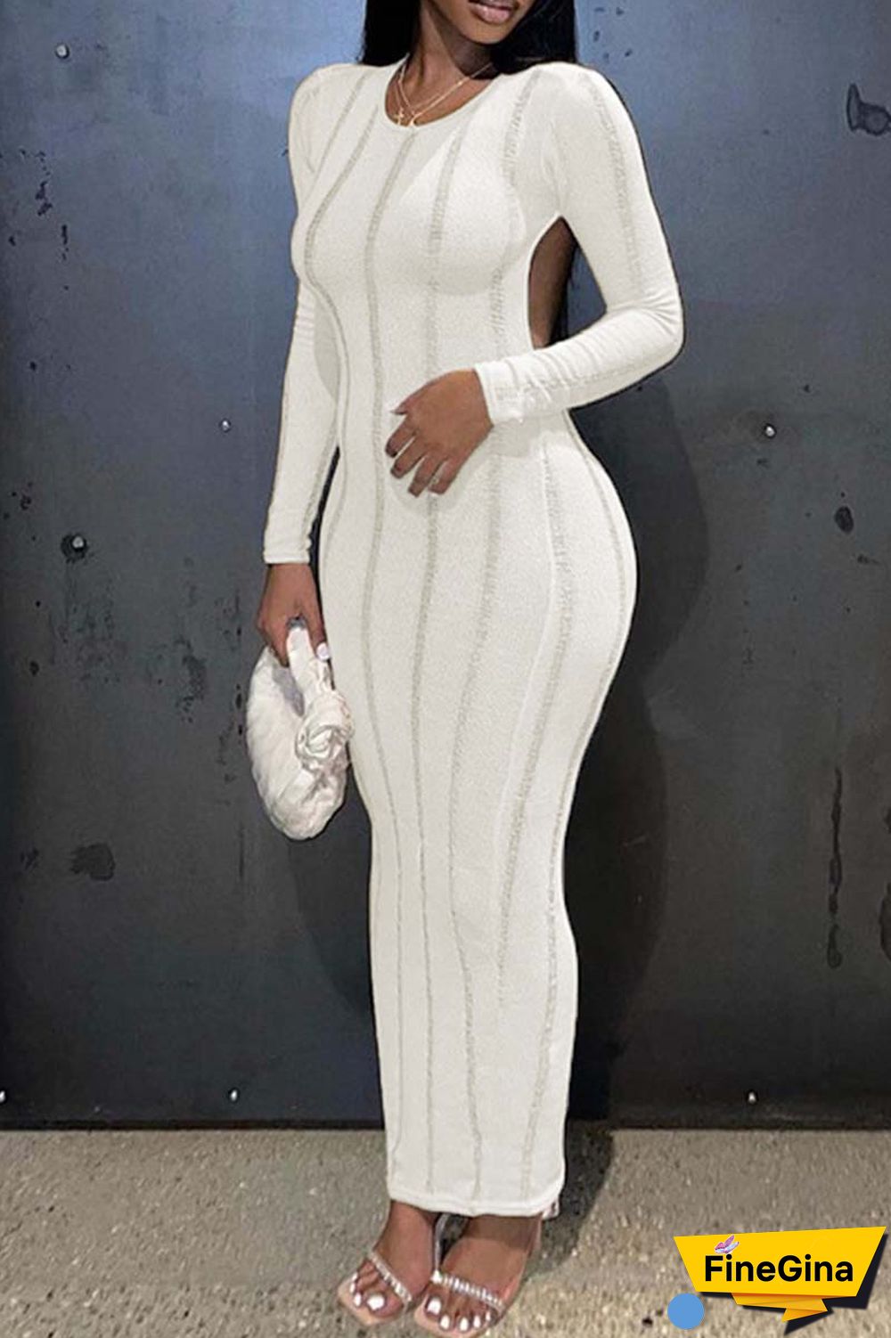 Khaki Sexy Casual Solid Backless O Neck Long Sleeve Dresses