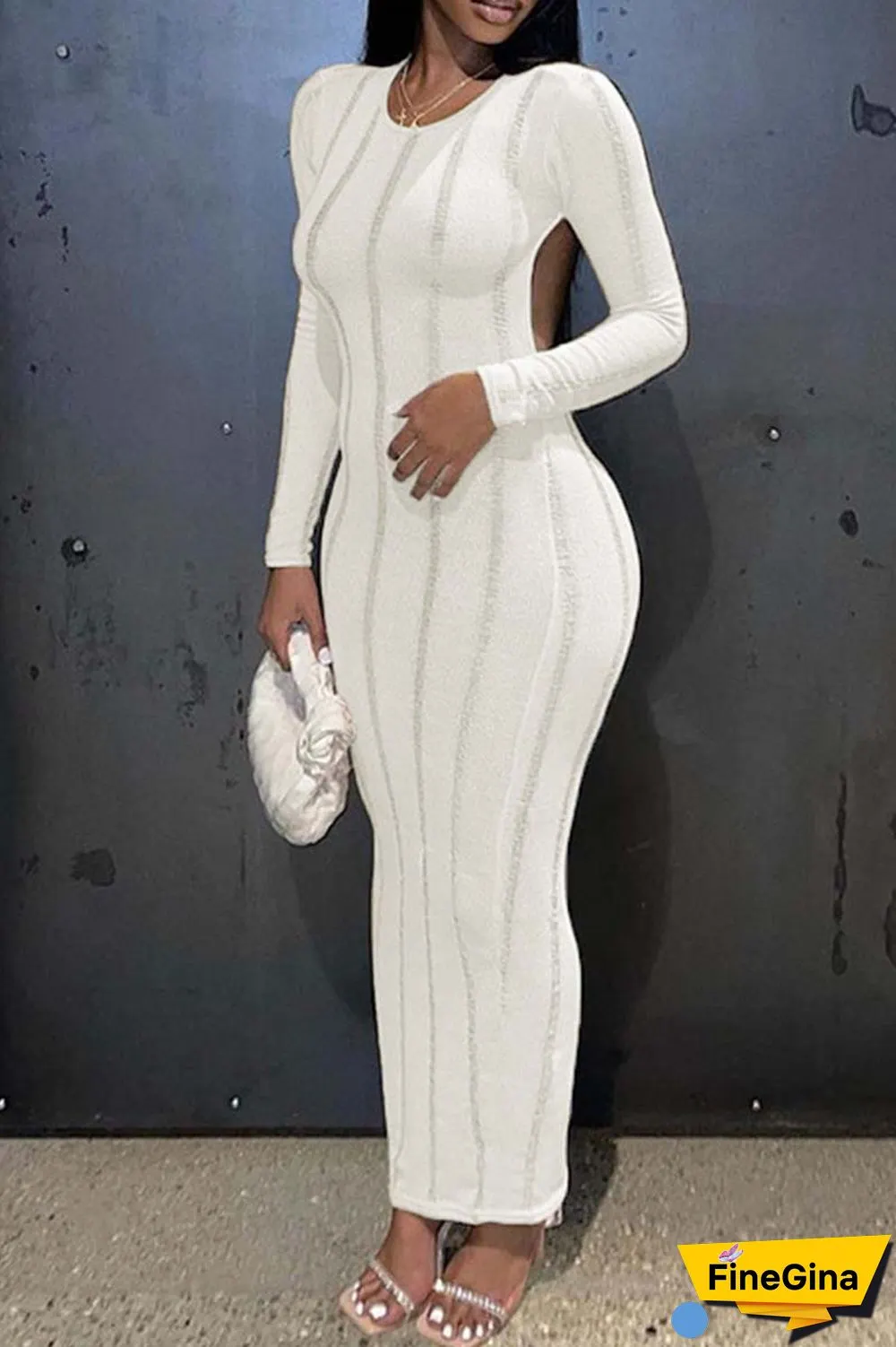Khaki Sexy Casual Solid Backless O Neck Long Sleeve Dresses