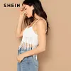 SHEIN Sexy White Fringe Detail Crop Cami Spaghetti Strap Plain Stretchy Top Women 2019 Summer Party Highstreet 2019 Vests