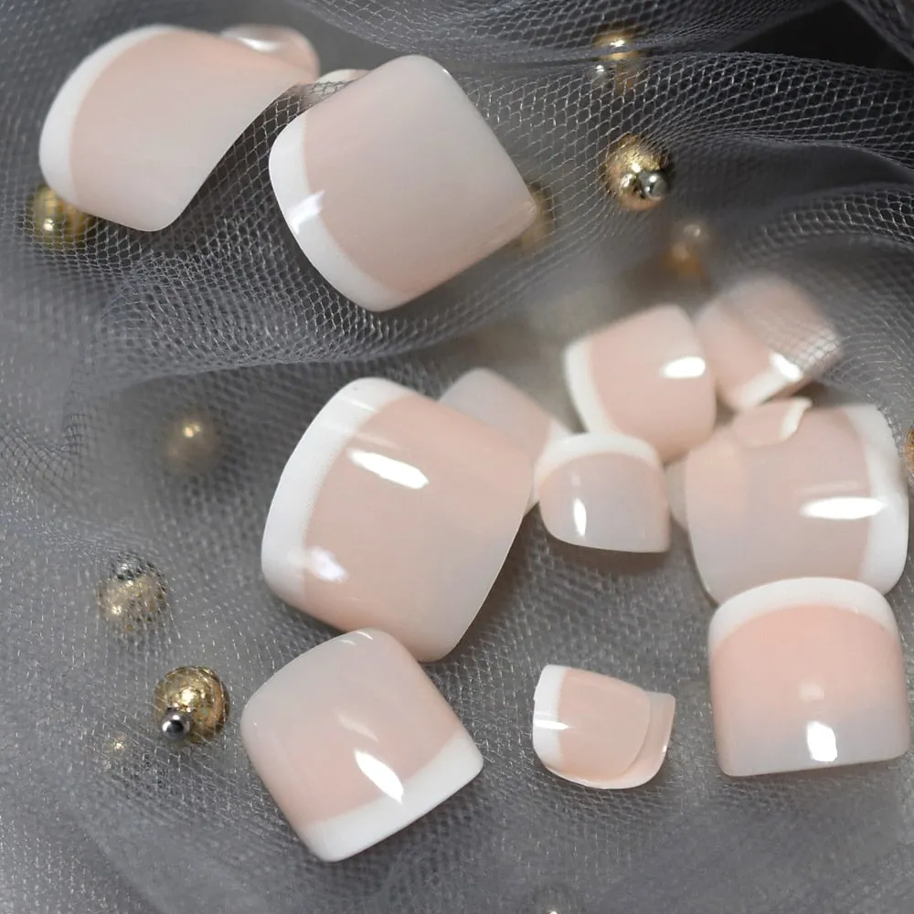 Beige White French Nails Acrylic Nude Toe Nails Shiny Surface Toenails Tips Decoration Designed Fake Nails 24pcs/kit-Nail Inspo