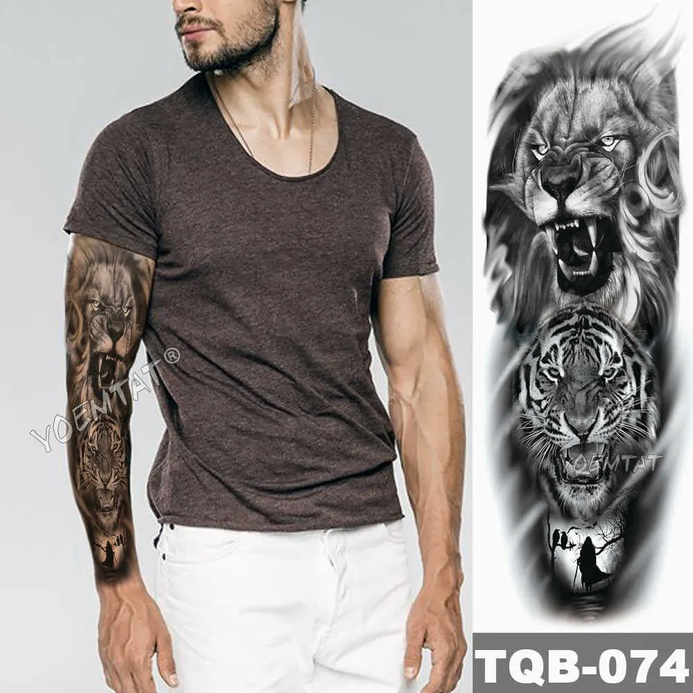 Large Arm Sleeve Tattoo Sketch Lion Tiger Waterproof Temporary Tattoo Sticker Crow Warrior Soldier Men Full Skull Totem Tattoo