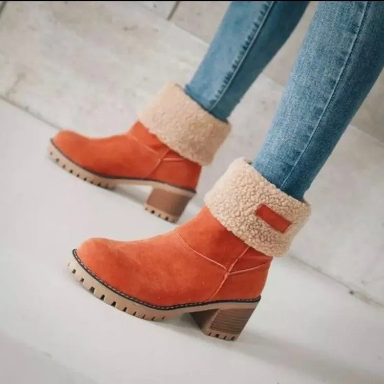 Winter Womens Black Beige Plush Lining Shoes Ankle Boots Med Heel Chunky Heels Shoes Warm Boot Metal Decoration Boots for Women