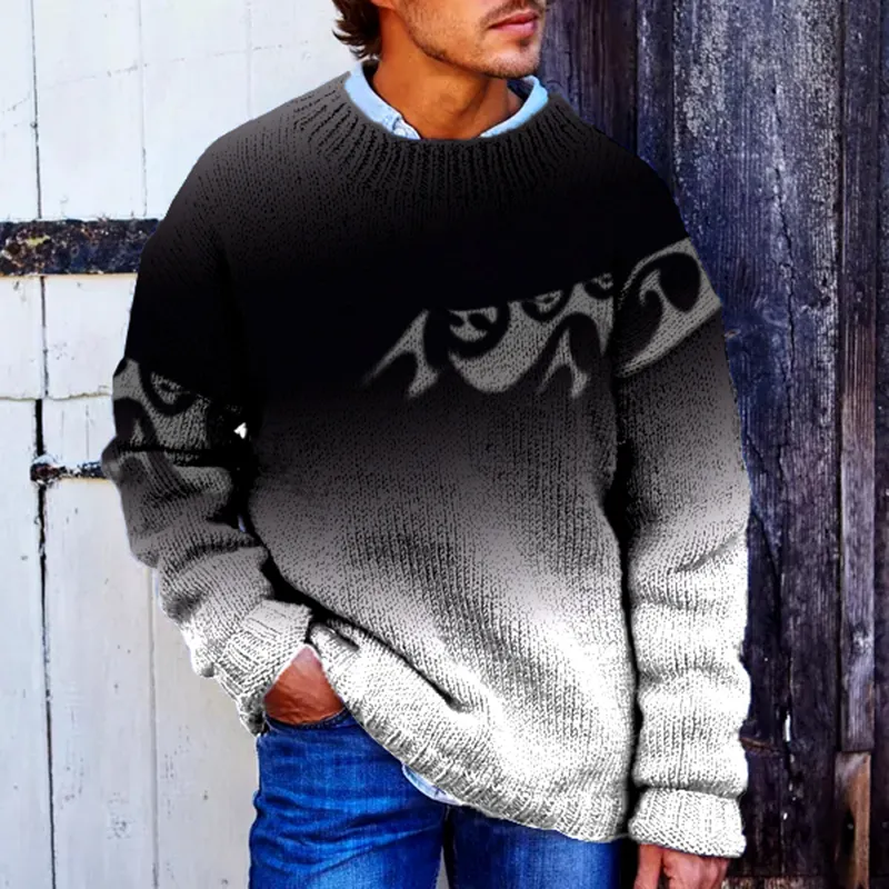 Black And White Gradient Surf Jacquard Iceland Crew Neck Sweater