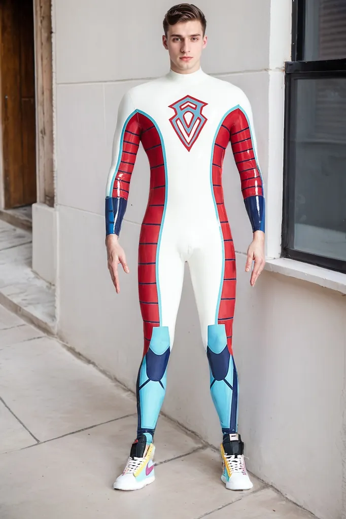 Men Latex Catsuits Male Diamond Duke Back Zipper Catsuit Superhero Style Creative Catsuit - White & Red cosplay