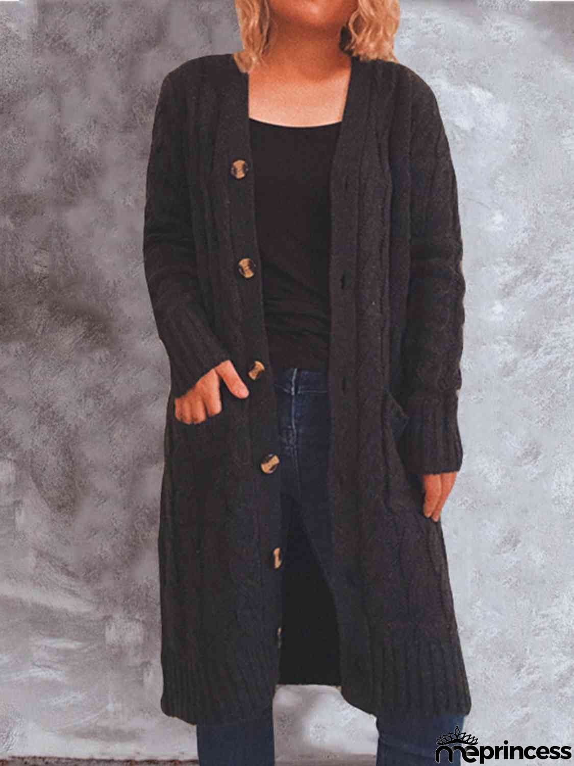 Button Up Cable-Knit Cardigan with Pockets