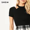 SHEIN Black Choker Neck Cut Out Shoulder Halter Elegant Crop Top Women Summer Stretchy Slim Fit Short Sleeve Tshirt Tops