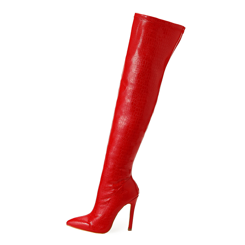 GOOSHOE Pointed Toe Stiletto Heel Stone Striped Shiny Leather Women's Over The Knee Boots Side Zipper Cloth Outback Long Boot